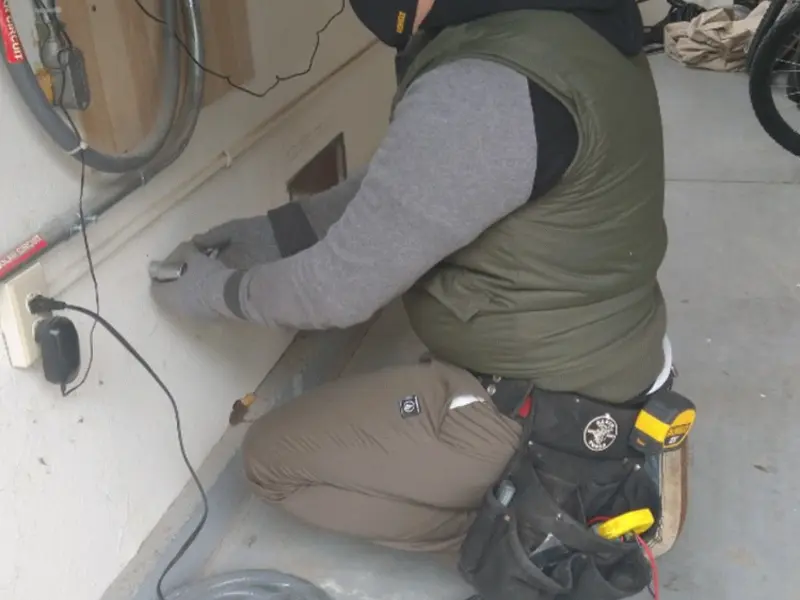 Electrician performing outlet wiring in a Pearland garage